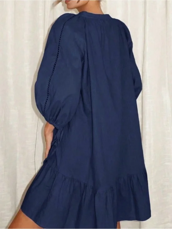 Navy Blue Cute Women's Linen Ruffle Hem Dress - Picture 3 of 5